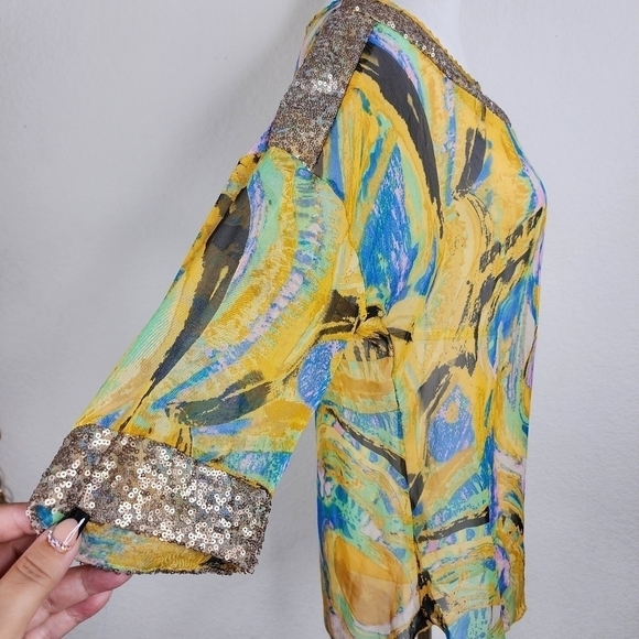 NEW YELLOW URBAN MANGOZ SIZE S, SEQUINS MULTICOLOR BLOUSE FALL SHEER AQUA - Picture 10 of 17